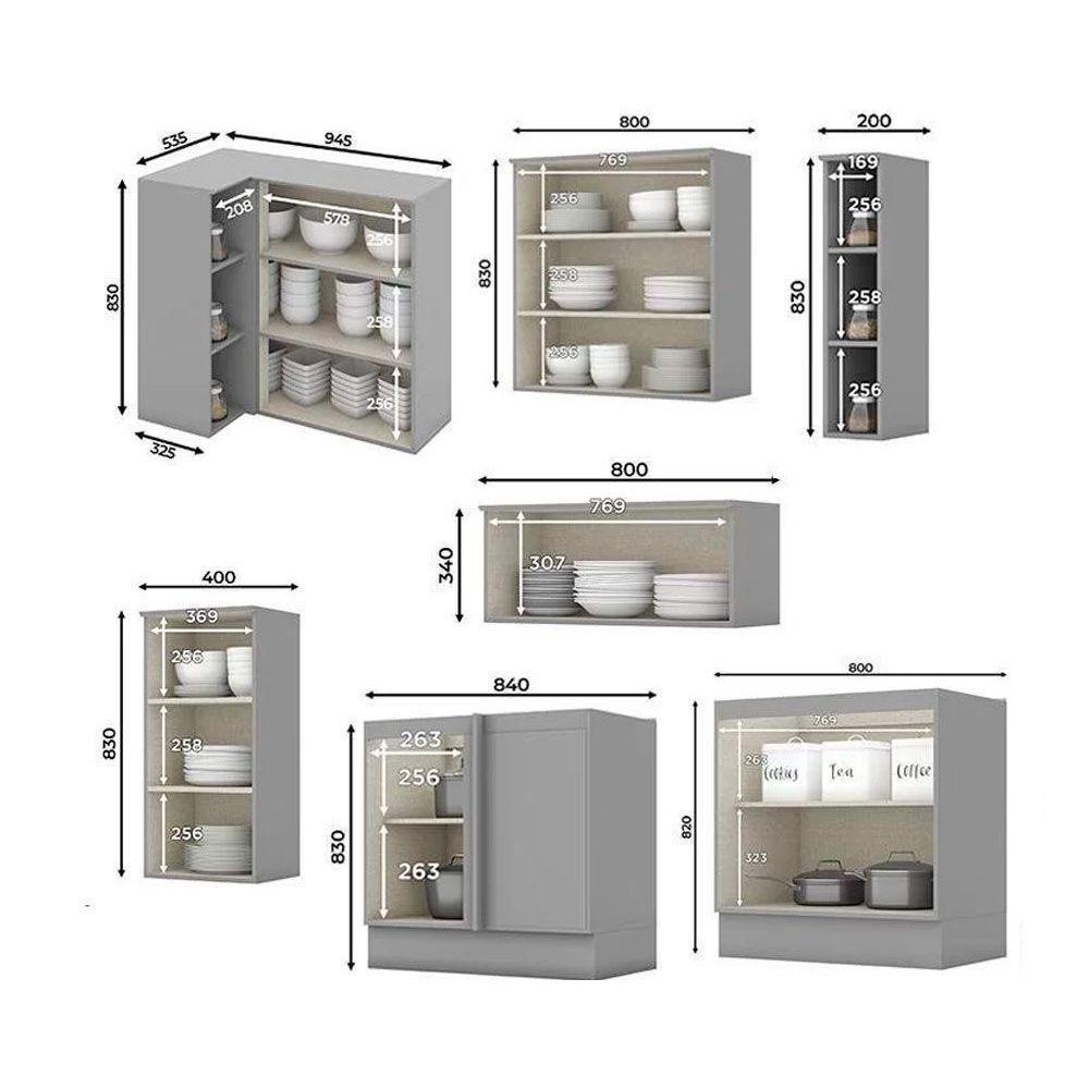 Cozinha Modulada Completa Americana 16 Peças 6aéreos+5balcões+ 1 Paneleiro +4complementos C5p38 Cinza - 5