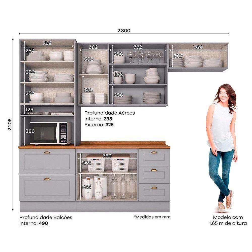 Cozinha Modulada Completa Americana 5 Peças 2 Aéreos + 1 Balcão + 1 Paneleiro + 1 Complemento C5p12 Cinza - 4