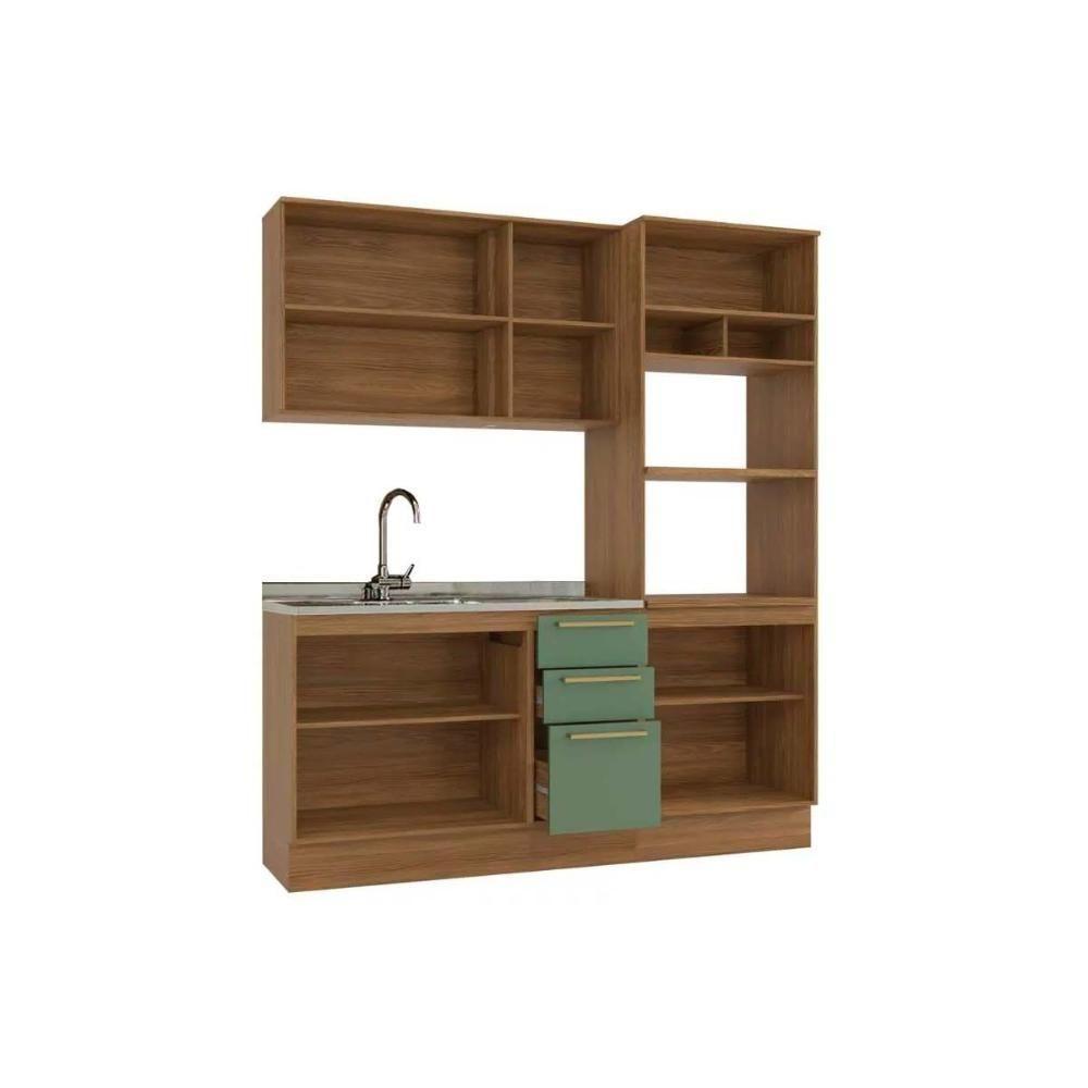Cozinha Modulada Completa Botanic 3 Peças 1 Aéreo + Balcão + 1 Paneleiro Sem Pia M652 Nogueira Verde Oliva - 2