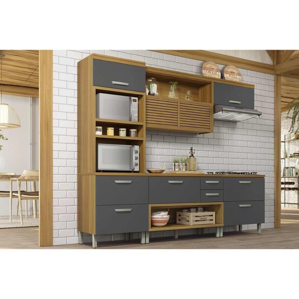 Cozinha Modulada Completa Princesa 4 Peças 1 Aéreo + 2 Balcões + 1 Paneleiro C6p65 Freijó Grafite - 1