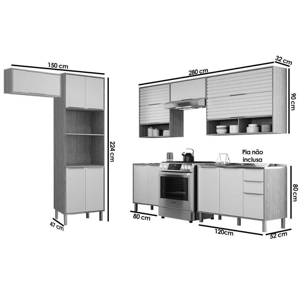 Cozinha Modulada Completa Esplêndida 7 Peças 4 Aéreos + 2 Balcões + 1 Torre Quente C7p183 Freijó Off White - 3