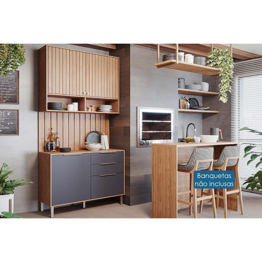 Cozinha Modulada Completa Divina 5 Peças 1 Aéreo + 1 Balcão + 1 Ilha + 2 Complementos C5p186 Freijó Titanium - 1