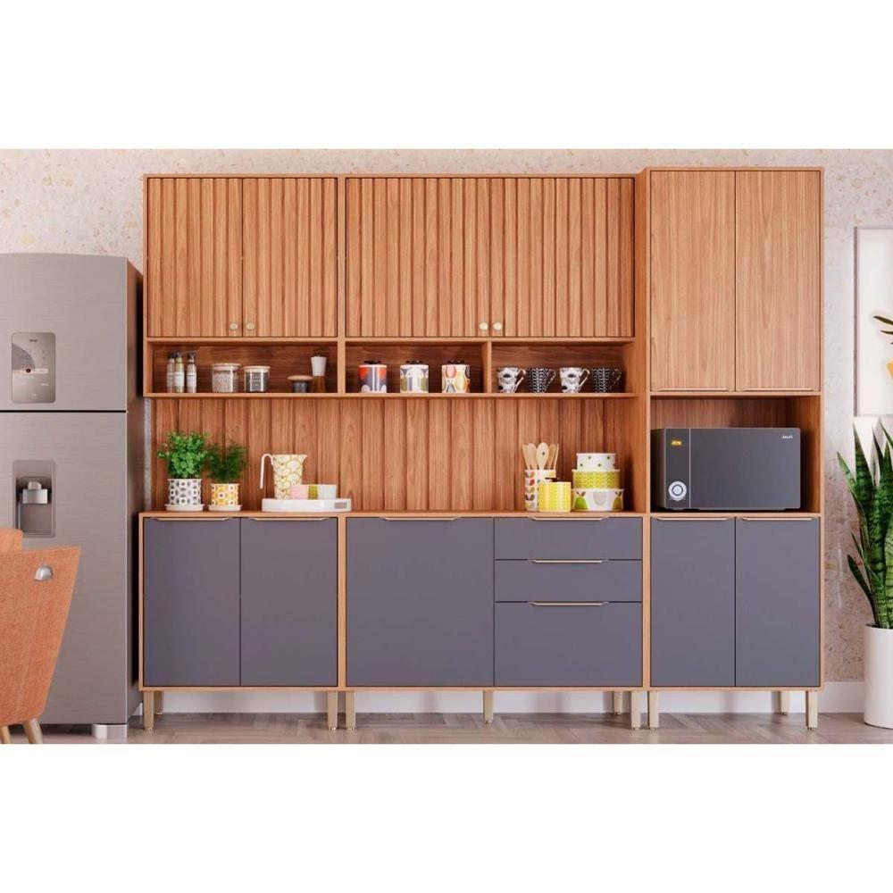 Cozinha Modulada Completa 7 Peças 2 Aéreos + 2 Balcões + 1 Paneleiro + 2 Complementos Cz011 Freijó Titanium - 1