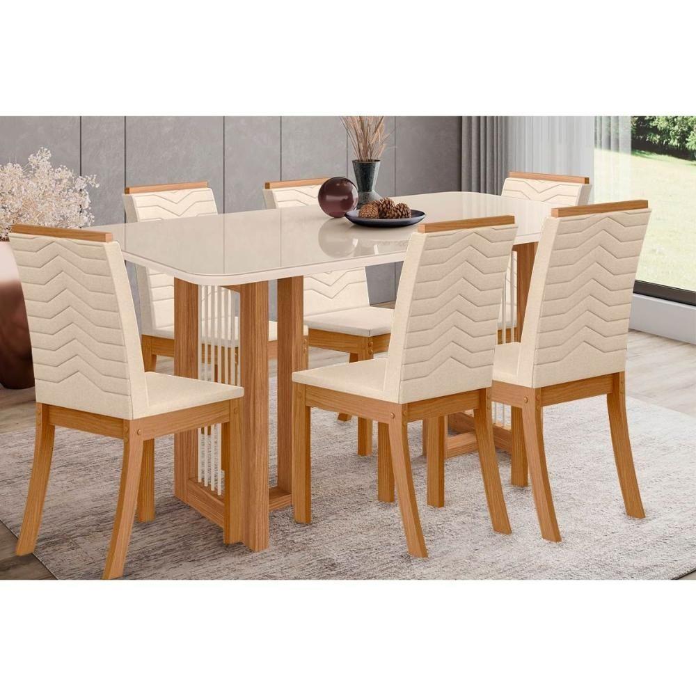 Kit 6 Cadeiras De Cozinha Yara Sc79 Tampo Madeirado Com Vidro Canto Curvo 160x90cm E 6 Cadeiras Isa Nature Linho - 1