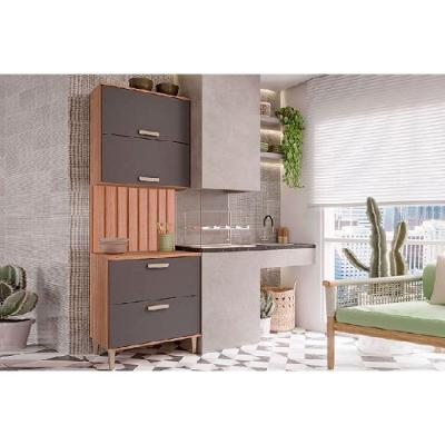 Cozinha Modulada Completa Bella 3 Peças 1 Aéreo + 1 Balcão + 1 Painel Ripado 80cm Freijó Titanium