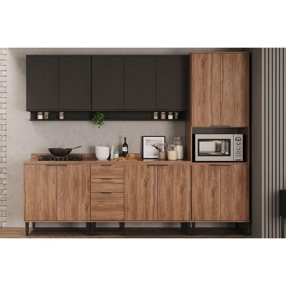 Kit Cozinha Modulada 5 Peças Alpha 2armários+2balcões + 1 Torre Quente C5p101 PretoFreijó - 1