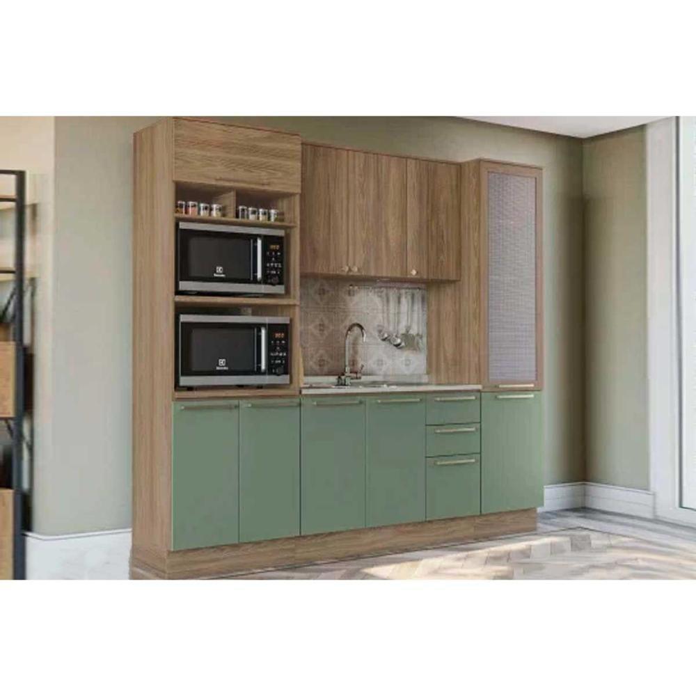 Kit Cozinha Modulada 4 Peças Botanic 1 Aéreo + Balcão + 2 Paneleiros Sem Pia M647 Nogueira Verde Oliva - 1