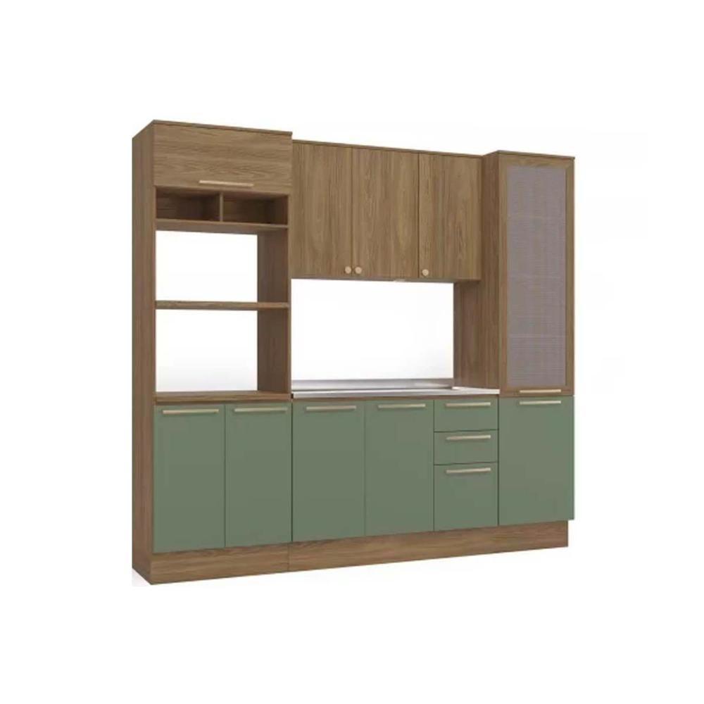 Kit Cozinha Modulada 4 Peças Botanic 1 Aéreo + Balcão + 2 Paneleiros Sem Pia M647 Nogueira Verde Oliva - 4