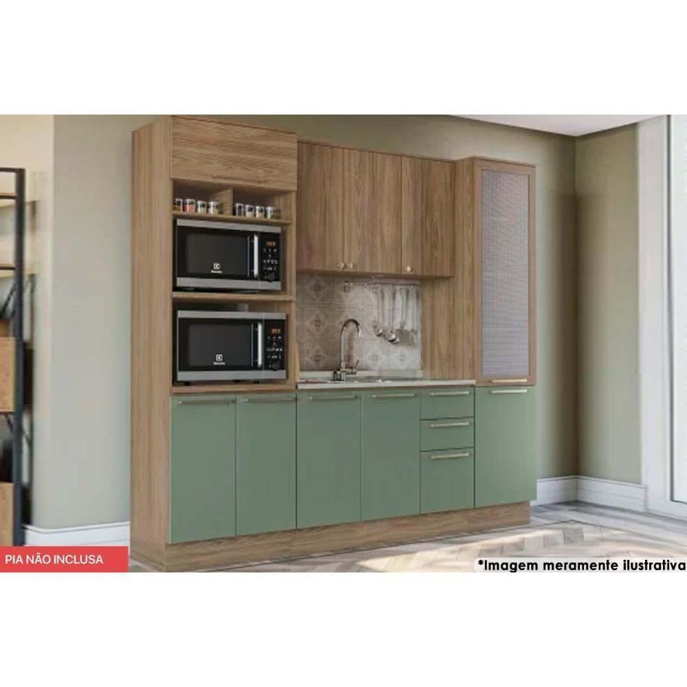 Kit Cozinha Modulada 4 Peças Botanic 1 Aéreo + Balcão + 2 Paneleiros Sem Pia M647 Nogueira Verde Oliva - 7