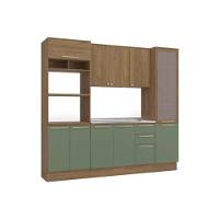 Kit Cozinha Modulada 4 Peças Botanic 1 Aéreo + Balcão + 2 Paneleiros Sem Pia M647 Nogueira Verde Oliva
