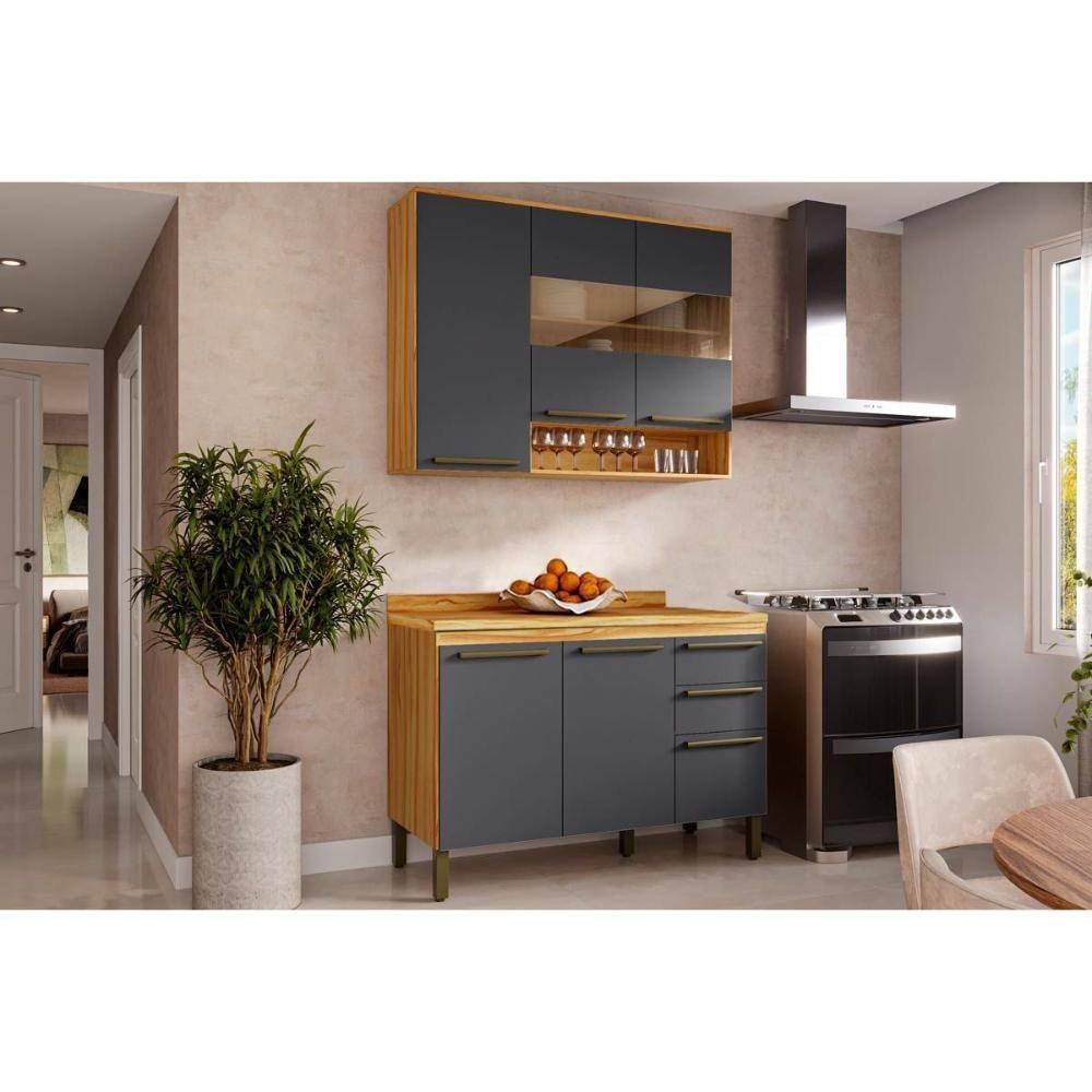 Kit Cozinha Modulada 2 Peças Nápoli Prime 1 Aéreo + 1 Balcão C2p04 Amendoa Grafite Ronipa - 1