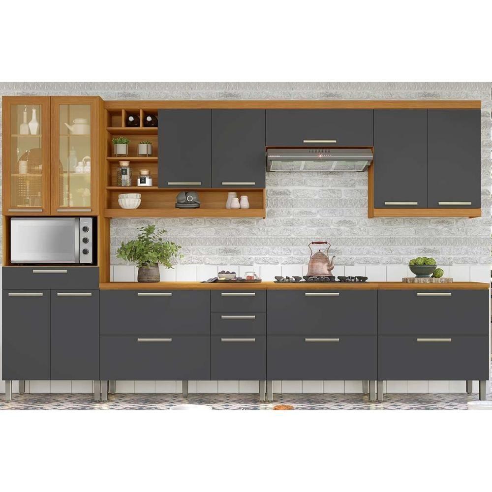 Kit Cozinha Modulada 7 Peças Burguesa Premium 33 Aéreos + 3 Balcões + 1 Paneleiro C6p58 Freijó Grafite - 1