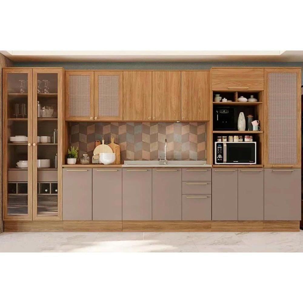 Kit Cozinha Modulada 8 Peças Botanic 2 Aéreos + 2 Balcões+3paneleiros + 1 Complemento Sem Pia C8p34 Nogueira Fendi - 1