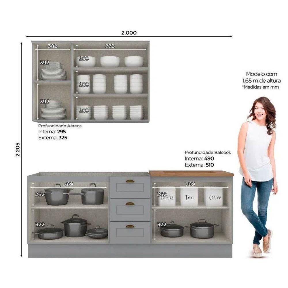 Kit Cozinha Modulada 4 Peças Americana 1 Aéreo + 2 Balcões + 1 Complemento Sem Pia Cz127 Cinza - 5