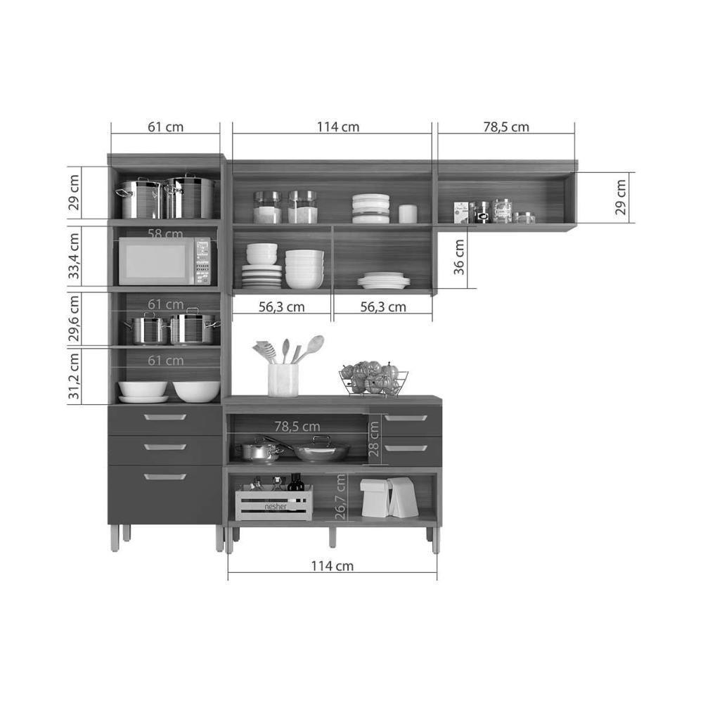 Kit Cozinha Modulada 3 Peças Princesa 1 Aéreo + Balcão + 1 Paneleiro C6p60 Freijó Off White - 6