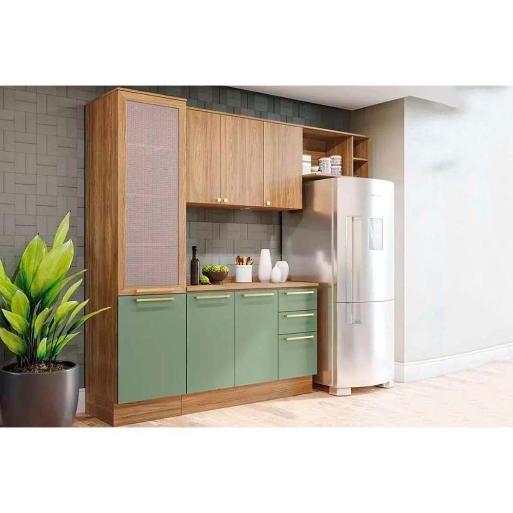 Kit Cozinha Modulada 5 Peças Botanic 2 Aéreos + 1 Balcão + 1 Paneleiro + 1 Complemento M654 Nogueira Verde Oliva - 1