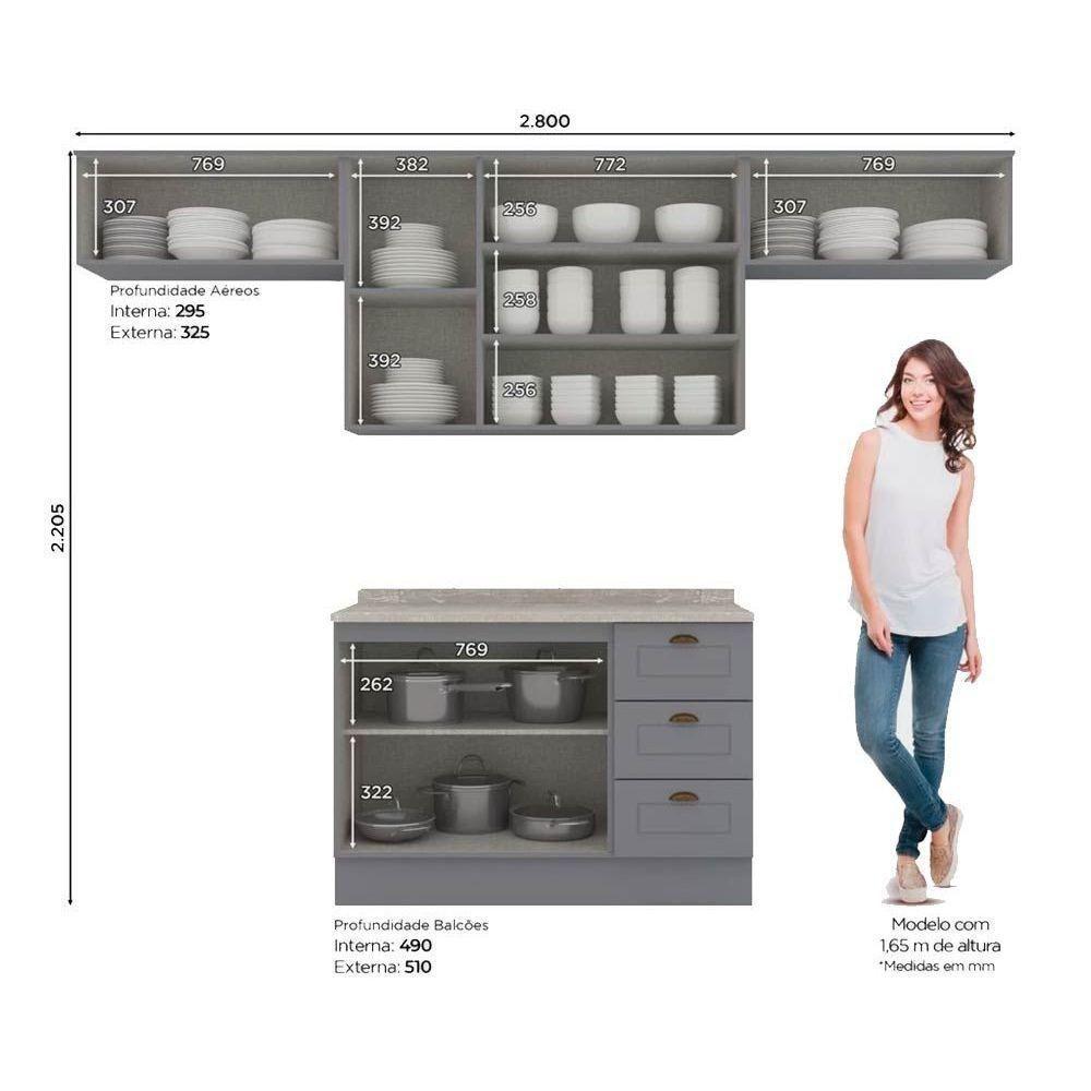 Kit Cozinha Modulada 5 Peças Americana 3 Aéreos + 1 Balcão + 1 Complemento Cz134 Cinza - 4