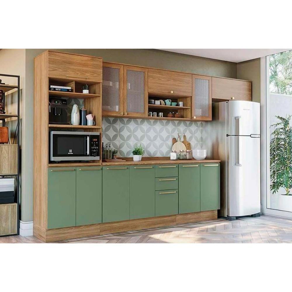 Kit Cozinha Modulada 8 Peças Botanic 3 Aéreos + 2 Balcões + 1 Paneleiro+ 2 Complementos M663 Nogueira Verde Oliva - 1