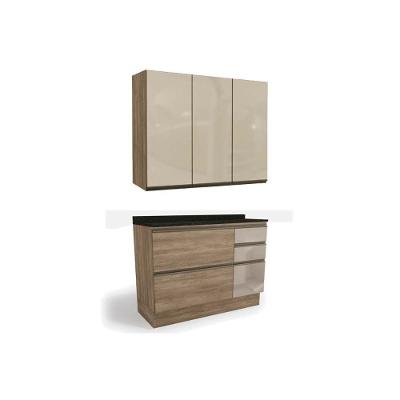 Cozinha Modulada Completa Maxxi 3 Peças 1 Aéreo + 1 Balcão + Complemento C3p13 Nogal Preto Brilho