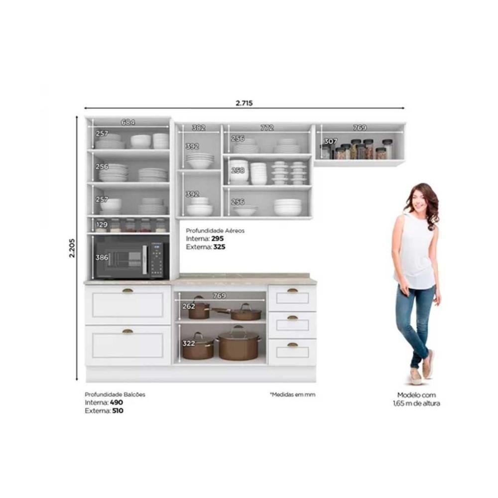 Cozinha Modulada Completa Americana 5 Peças 2aéreos+ 1 Paneleiro +1balcão + 1 Complemento C5p32 Branco - 3
