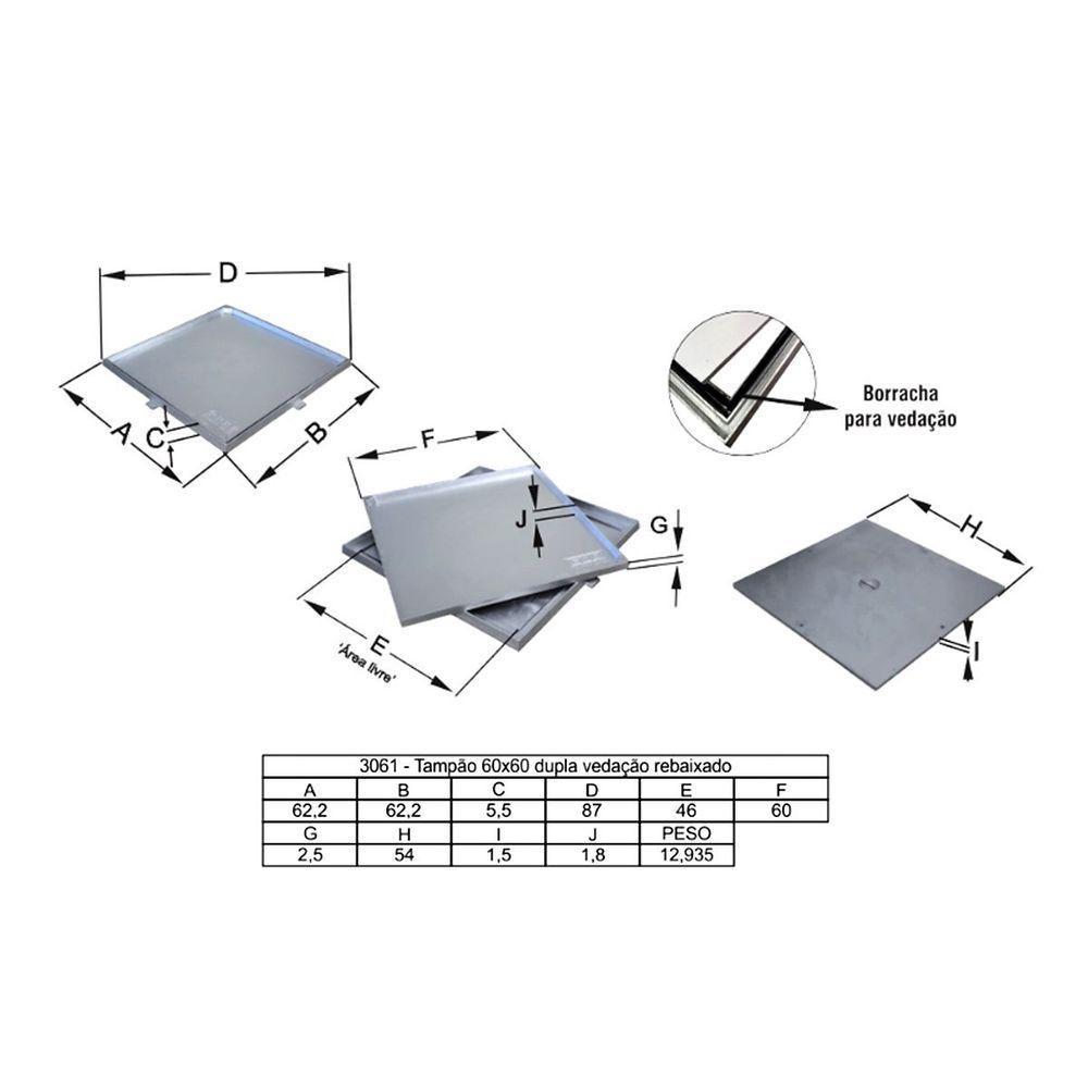 Tampa Tampão Chão Alumínio Dupla Vedação Rebaixado 60x60cm - 2