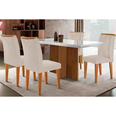 Sala De Jantar Completa Berlim C- Tampo Madeirado Vidro Canto Curvo 120x80cm E 4 Cadeiras Amsterdã Imbuia-off White - Suede Creme - Rufato