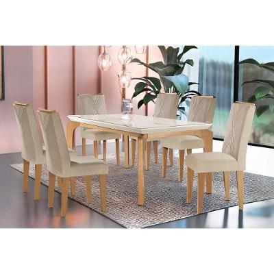Sala De Jantar Completa Londrina C- Tampo Madeirado Vidro Canto Curvo 180x90cm E 6 Cadeiras Amsterdã Imbuia-off White - Suede Creme - Rufato