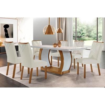 Sala De Jantar Completa Jade C- Tampo Madeirado Vidro Canto Curvo 180x90cm E 6 Cadeiras Amsterdã Imbuia-off White - Suede Creme - Rufato