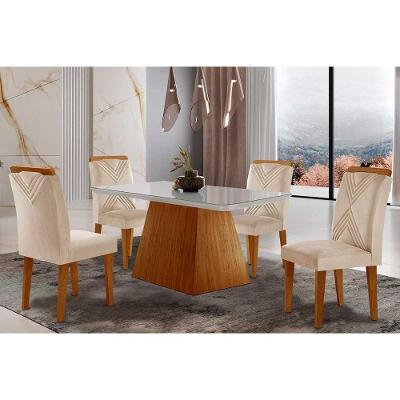 Sala De Jantar Completa Luna Tampo Madeirado C- Vidro Canto Curvo 120x80 E 4 Cadeiras Amsterdã Imbuia-veludo Creme-pérola - Rufato