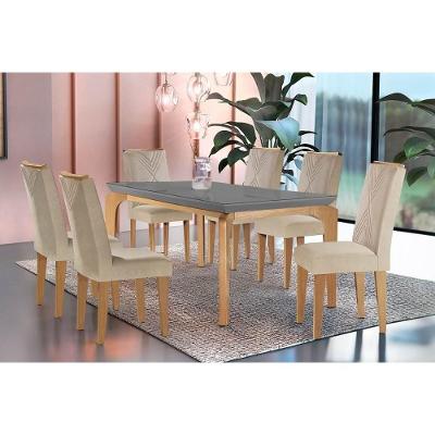 Sala De Jantar Completa Londrina C- Tampo Madeirado Vidro Canto Curvo 180x90cm E 6 Cadeiras Amsterdã Imbuia-grafite - Suede Creme - Rufato