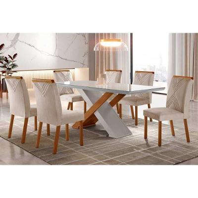 Sala De Jantar Completa Imperatriz Tampo Madeirado C- Vidro Reto 180x90 E 6 Cadeiras Amsterdã Imbuia-off White - Veludo Creme - Rufato