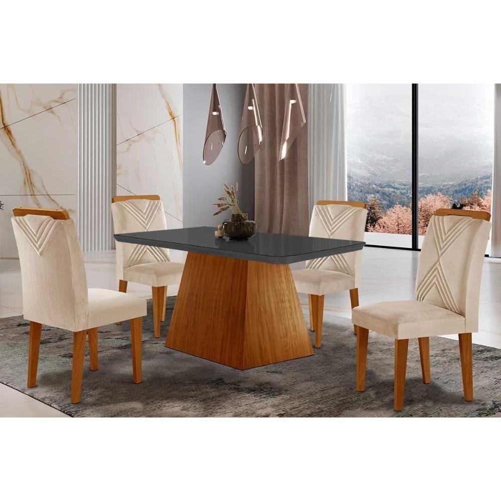Sala De Jantar Completa Luna Tampo Madeirado C- Vidro Canto Reto 120x80 E 4 Cadeiras Amsterdã Imbuia - Veludo Creme - Rufato - 1