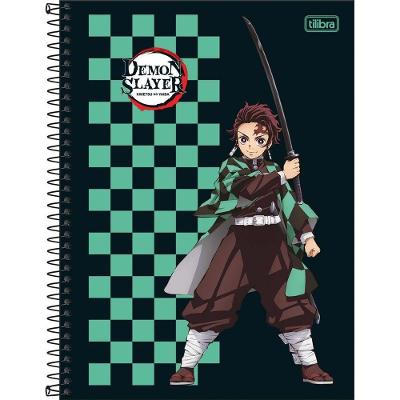 Caderno Universitário Demon Slayer Tilibra Capa Dura Espiral - 1 Matéria 80 Folhas Xadrez Verde