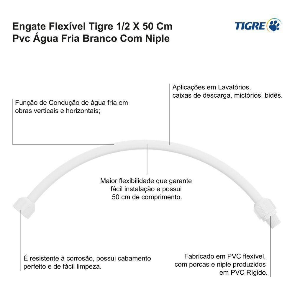 Engate Flexível Tigre 1-2 X 50 Cm Pvc Agua Fria Branco Com Niple - 2