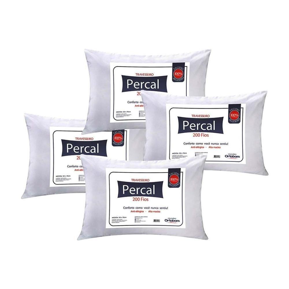 Travesseiro Fibras Siliconadas Plus Percal 200 Fios Kit C/ 4 Un 70x50x15 - Ortobom - 1