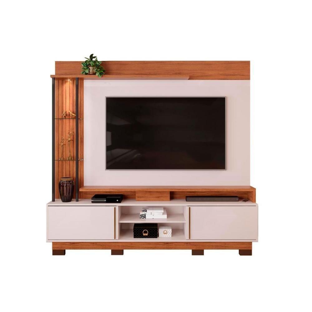 Rack Bancada C/ Painel P/ Tv Até 70 Polegadas Martino Prateleira Nichos E Pés 200x190cm Freijó/off White - Dj Móveis - 5