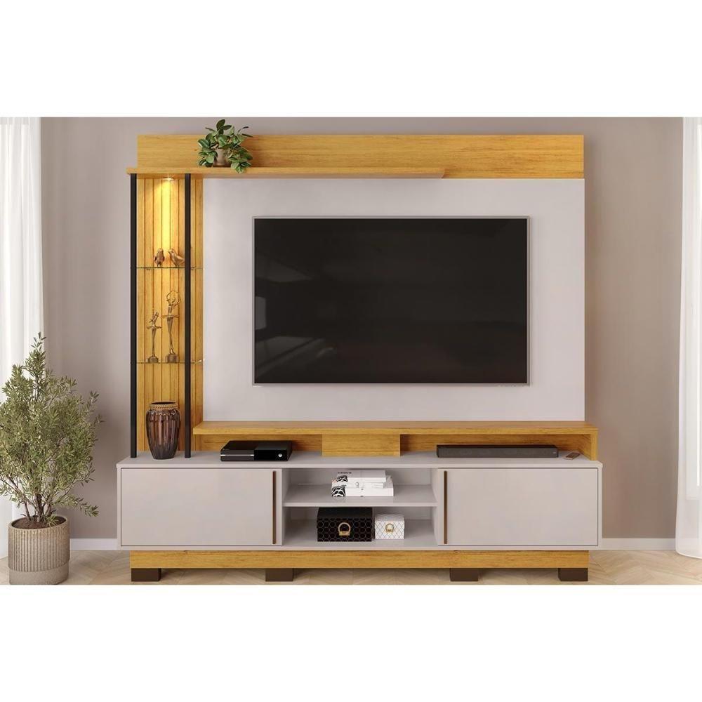 Rack Bancada C/ Painel P/ Tv Até 70 Polegadas Martino Prateleira Nichos E Pés 200x190cm Cedro/bali - Dj Móveis - 1