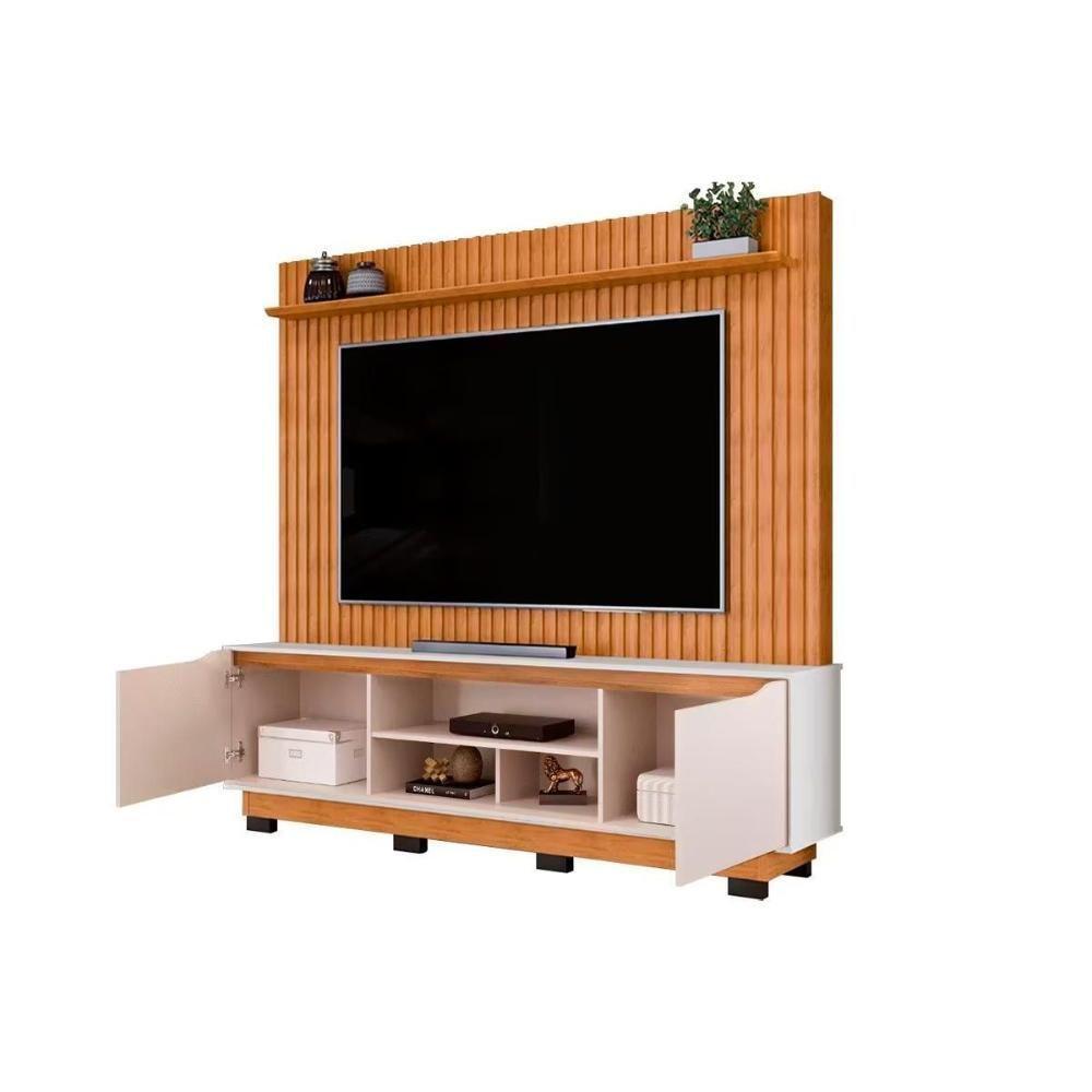 Rack Bancada C/ Painel P/ Tv Até 70 Polegadas Enzo Prateleira Nichos E Pés 200x188cm Freijó/off White - Dj Móveis - 3