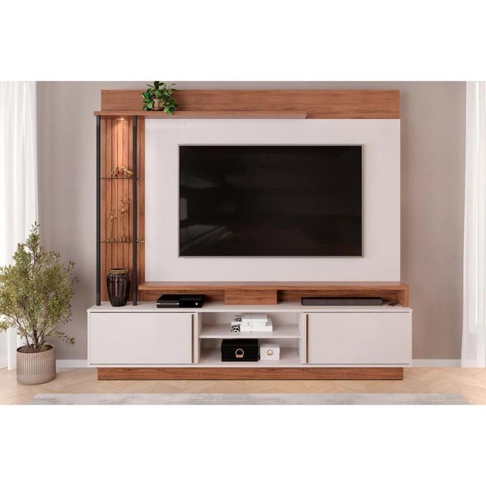 Rack Bancada C/ Painel P/ Tv Até 70 Polegadas Martino Prateleira Nichos E Rodapé 200x185cm Freijó/off White - Dj Móveis - 1