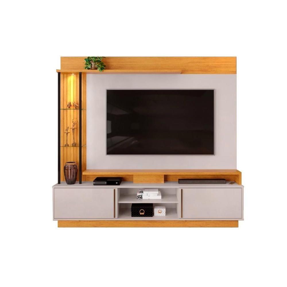 Rack Bancada C/ Painel P/ Tv Até 70 Polegadas Martino Prateleira Nichos E Rodapé 200x185cm Freijó/off White - Dj Móveis - 2