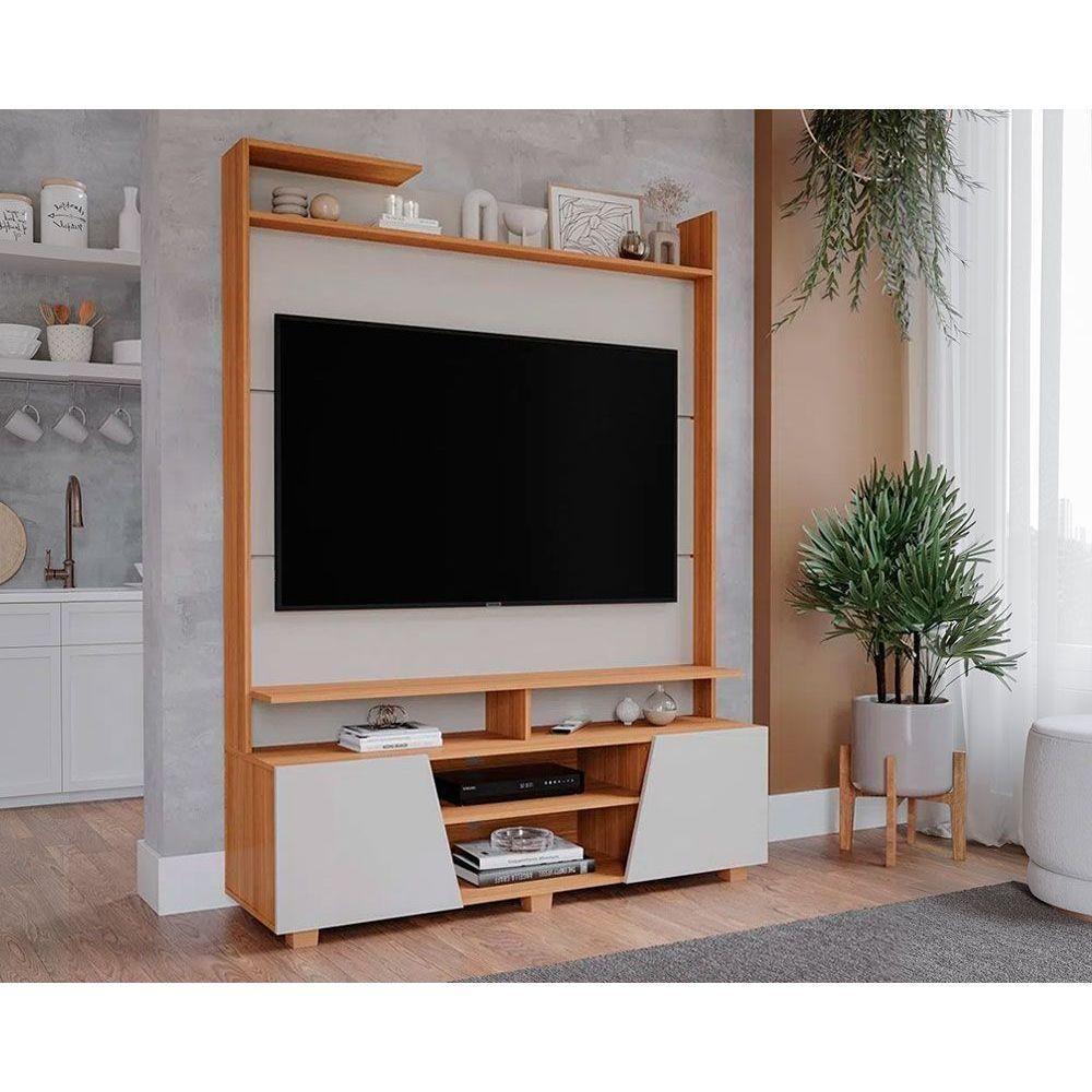 Rack Bancada C/ Painel P/ Tv Até 55 Pol Master 2 Prateleiras E Pés 135x183cm Off White/nature - Permóbili - 1