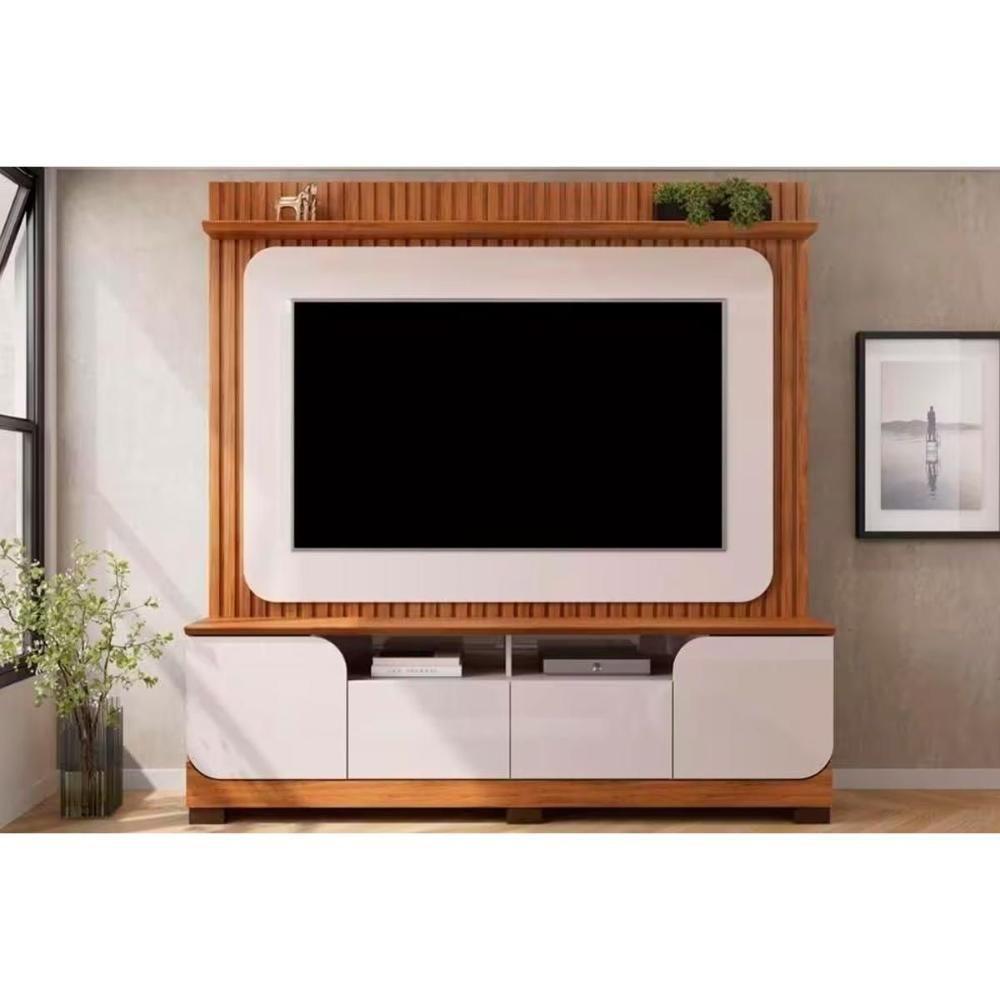 Rack Bancada C/ Painel P/ Tv Até 65 Polegadas Vogue Prateleira Nichos E Pés 182x183cm Freijó/off White - Dj Móveis - 1