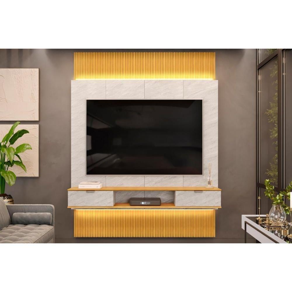 Rack Bancada C/ Painel P/ Tv Até 75 Polegadas Hit 1900 Extensível 100% Mdf Led De 240 A 290cm Cedro/quartzo - Dj Móveis - 1