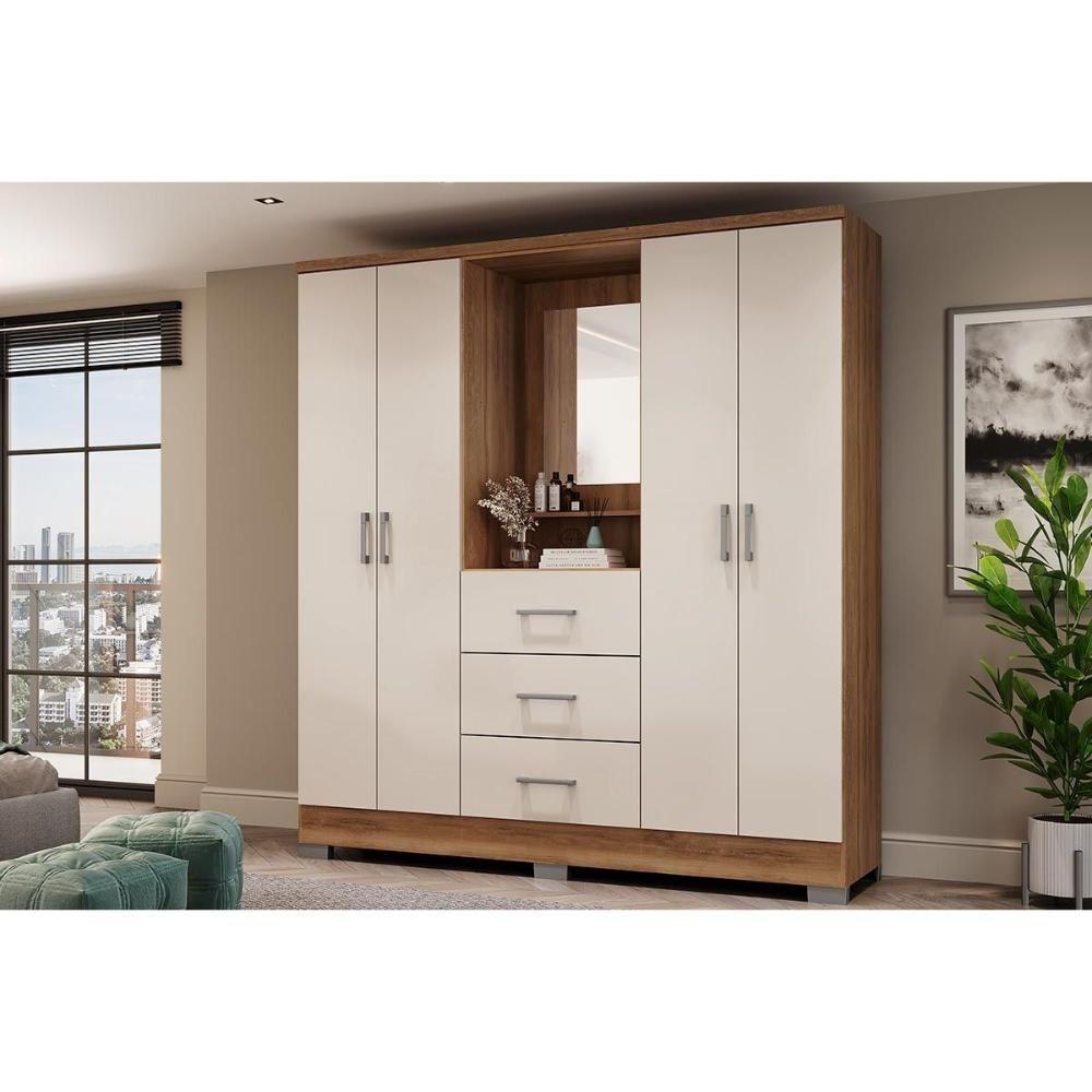 Guarda Roupa 4 Portas E 3 Gavetas C- Espelho Roma 1181 C- Pés Freijo-off White - Carraro - 1
