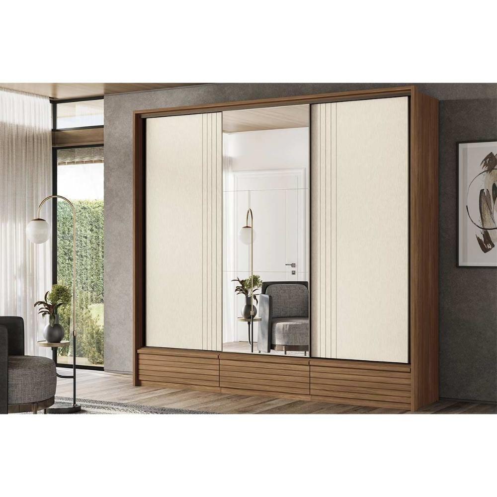 Guarda Roupas 3 Portas De Correr De (1 C- Espelho) E 5 Gavetas Democrata Jatobá-areia - Santos Andirá - 1