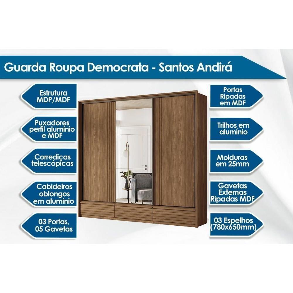 Guarda Roupas 3 Portas De Correr De (1 C- Espelho) E 5 Gavetas Democrata Jatobá-areia - Santos Andirá - 2