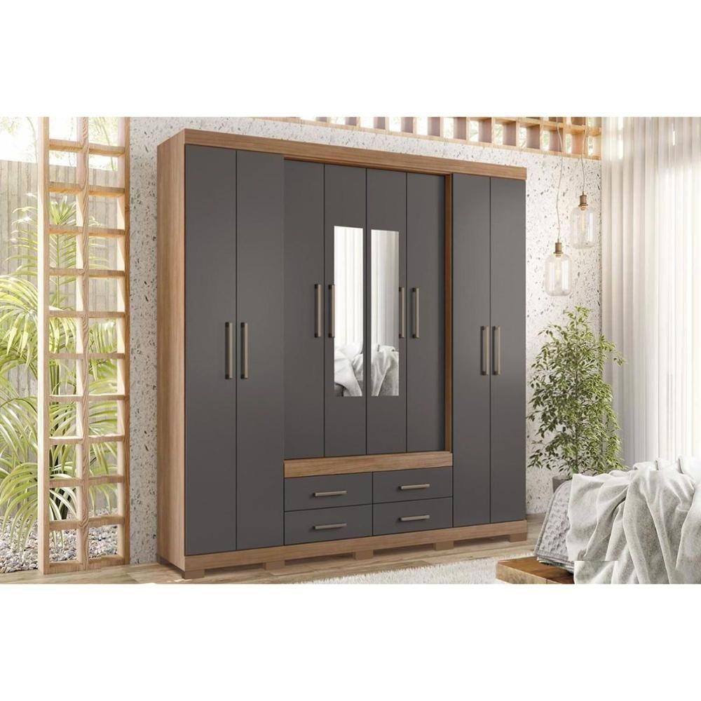 Guarda Roupa 8 Portas (2 C- Espelho) E 4 Gavetas C- Pés Nápoles Jatobá-grafite - Santos Andirá - 1