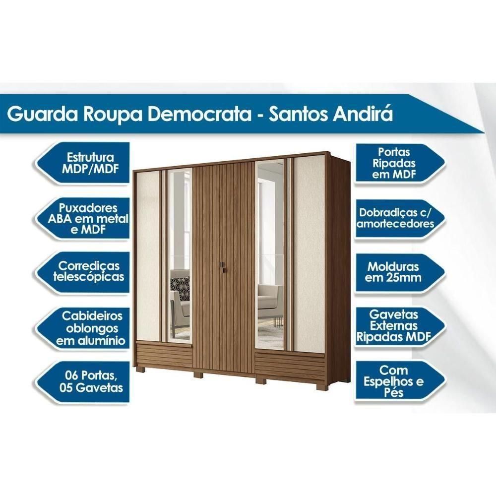 Guarda Roupa Casal 6 Portas E 5 Gavetas C- Espelho E Pés Democrata Jatoba - Santos Andirá - 3