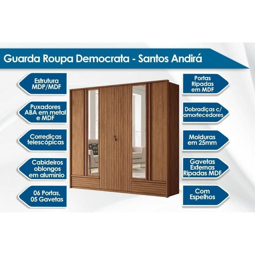 Guarda Roupa 6 Portas (2 C- Espelho) E 5 Gavetas Democrata Jatobá-areia - Santos Andirá - 10