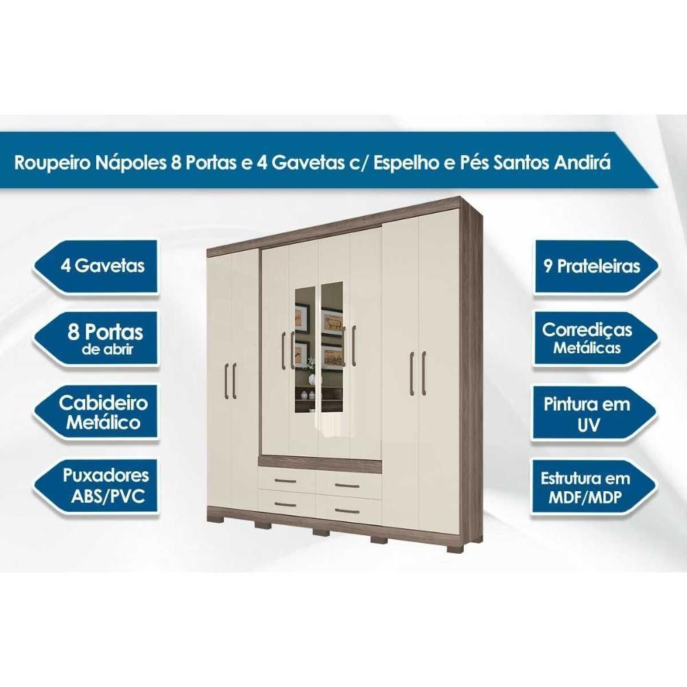 Guarda Roupa 8 Portas (2 C- Espelho) E 4 Gavetas C- Pés Nápoles Jatobá-areia - Santos Andirá - 5